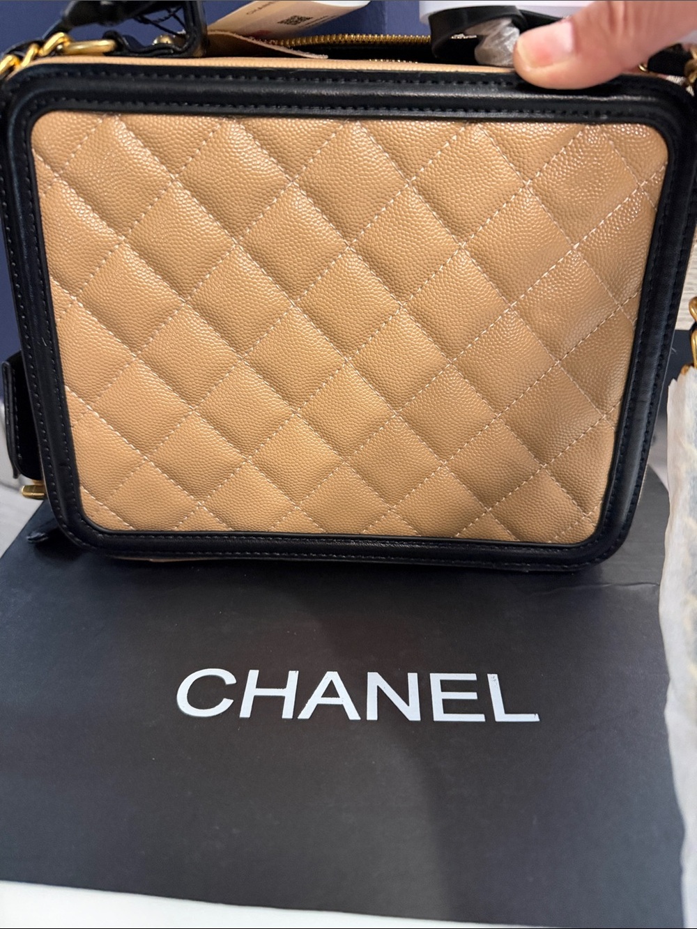 CHANEL Tan and Black Quilted Camera Box Crossbody Bag - Picture 4 of 5